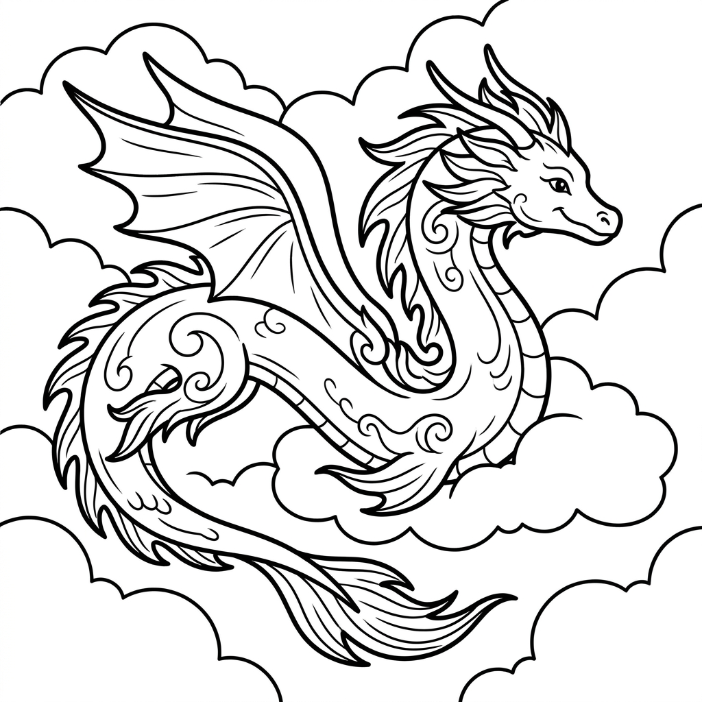 Raya and the last dragon coloring page of a dragon flying through fluffy clouds in the sky